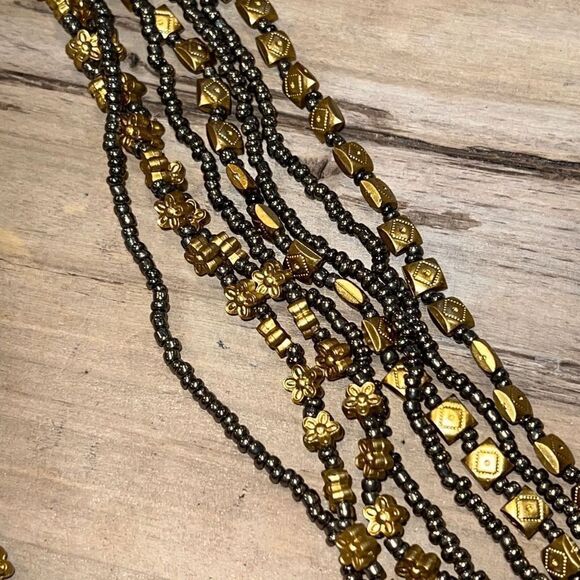 8 Strand Gold Pewter Mixed Bead And Seed Beads Necklace, 40” - Picture 5 of 6